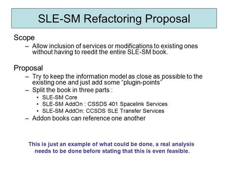 SLE-SM Refactoring Proposal Scope –Allow inclusion of services or modifications to existing ones without having to reedit the entire SLE-SM book. Proposal.