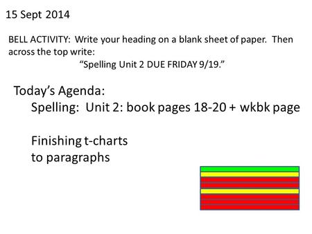 15 Sept 2014 BELL ACTIVITY: Write your heading on a blank sheet of paper. Then across the top write: “Spelling Unit 2 DUE FRIDAY 9/19.” Today’s Agenda: