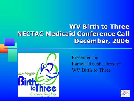 WV Birth to Three NECTAC Medicaid Conference Call December, 2006 Presented by Pamela Roush, Director WV Birth to Three.