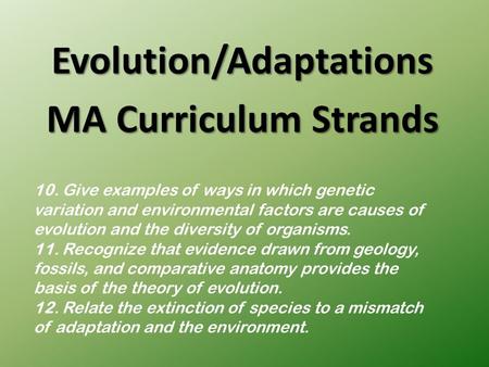 Evolution/Adaptations MA Curriculum Strands