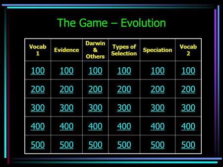 The Game – Evolution Vocab 1 Evidence Darwin & Others Types of Selection Speciation Vocab 2 100 200 300 400 500.