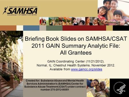 Briefing Book Slides on SAMHSA/CSAT 2011 GAIN Summary Analytic File: All Grantees GAIN Coordinating Center (11/21/2012). Normal, IL: Chestnut Health Systems.