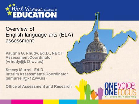 Overview of English language arts (ELA) assessment Vaughn G. Rhudy, Ed.D., NBCT Assessment Coordinator Stacey Murrell, Ed.D. Interim.