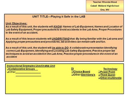 UNIT TITLE—Playing it Safe in the LAB Unit Objectives: As a result of this unit, the students will KNOW: Names of Lab Equipment, Names and Location of.
