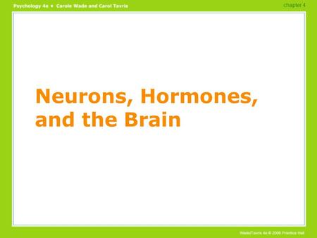 Neurons, Hormones, and the Brain chapter 4. Overview The nervous system Communication in the nervous system Mapping the brain A tour through the brain.