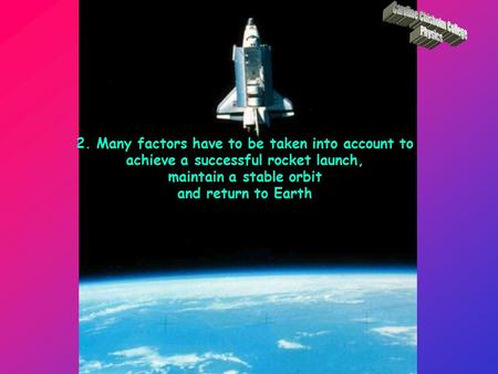 2. Many factors have to be taken into account to achieve a successful rocket launch, maintain a stable orbit and return to Earth.