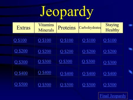 Jeopardy Extras Vitamins Minerals Proteins Carbohydrates Staying Healthy Q $100 Q $200 Q $300 Q $400 Q $500 Q $100 Q $200 Q $300 Q $400 Q $500 Final Jeopardy.