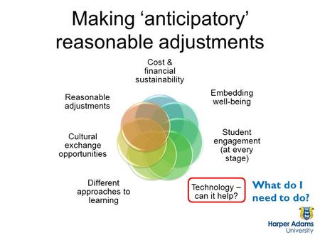 Making ‘anticipatory’ reasonable adjustments Cost & financial sustainability Embedding well-being Student engagement (at every stage) Technology – can.