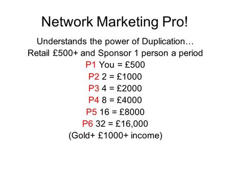 Network Marketing Pro! Understands the power of Duplication… Retail £500+ and Sponsor 1 person a period P1 You = £500 P2 2 = £1000 P3 4 = £2000 P4 8 =