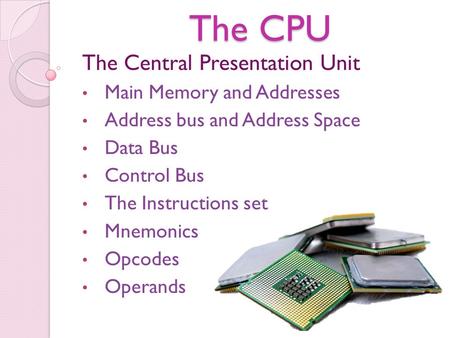 The CPU The Central Presentation Unit Main Memory and Addresses Address bus and Address Space Data Bus Control Bus The Instructions set Mnemonics Opcodes.