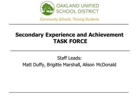 Secondary Experience and Achievement TASK FORCE Staff Leads: Matt Duffy, Brigitte Marshall, Alison McDonald.