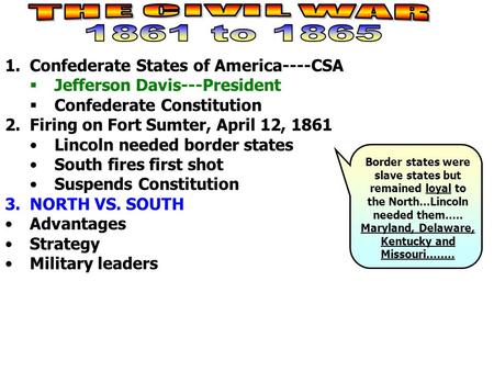 THE CIVIL WAR 1861 to 1865 Confederate States of America----CSA