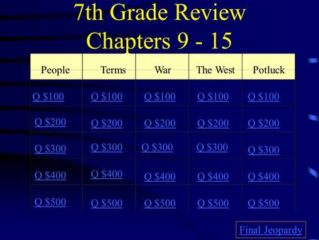 7th Grade Review Chapters 9 - 15 PeopleTermsWarThe WestPotluck Q $100 Q $200 Q $300 Q $400 Q $500 Q $100 Q $200 Q $300 Q $400 Q $500 Final Jeopardy.
