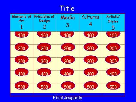 Elements of Art 1 Principles of Design 2 Media 3 Cultures 4 Artists/ Styles 5 100 200 300 400 500 Title Final Jeopardy.