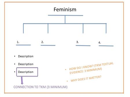Feminism 1.2.3. 4. Description CONNECTION TO TKM (3 MINIMUM) HOW DO I KNOW? (TKM TEXTUAL EVIDENCE: 3 MINIMUM) WHY DOES IT MATTER?