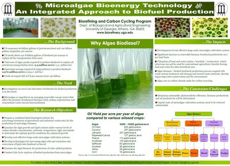 Maximum sustainable photosynthetic efficiency, biomass productivity and oil productivity will be determined Capital costs of microalgae cultivation systems.