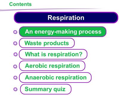 Contents Respiration Waste products Aerobic respiration Anaerobic respiration What is respiration? An energy-making process Summary quiz.