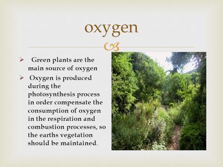 oxygen Green plants are the main source of oxygen
