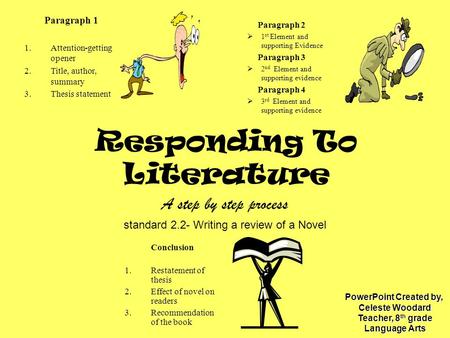 Responding To Literature A step by step process standard 2.2- Writing a review of a Novel Paragraph 1 1.Attention-getting opener 2.Title, author, summary.