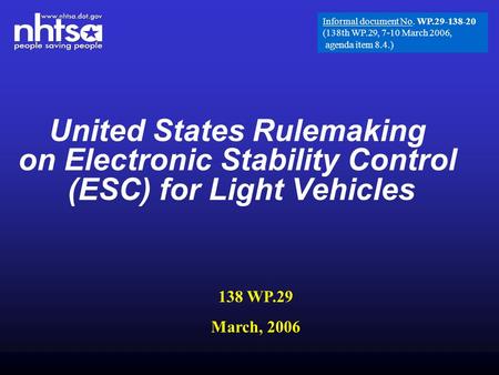 United States Rulemaking on Electronic Stability Control (ESC) for Light Vehicles 138 WP.29 March, 2006 Informal document No. WP.29-138-20 (138th WP.29,