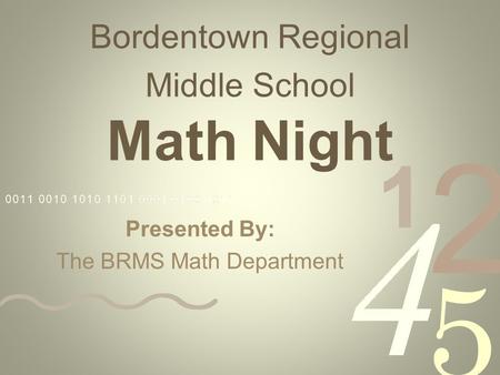 Bordentown Regional Middle School Math Night Presented By: The BRMS Math Department.