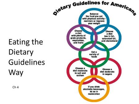 Eating the Dietary Guidelines Way Ch 4. 2 Dietary Guidelines Advice about food choices for all healthy people age 2 or over Eating plan is also called.