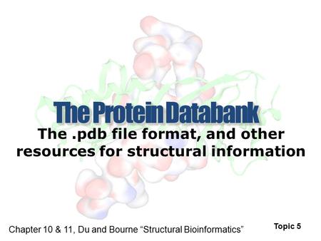 The.pdb file format, and other resources for structural information Topic 5 Chapter 10 & 11, Du and Bourne “Structural Bioinformatics”