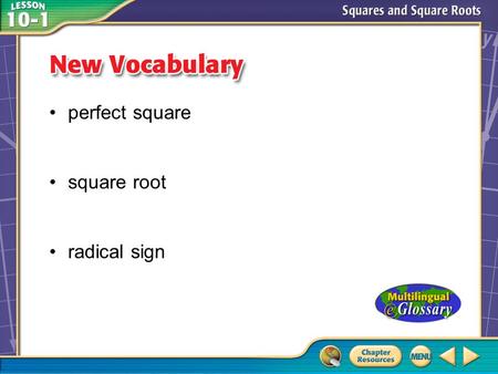 Vocabulary perfect square square root radical sign.