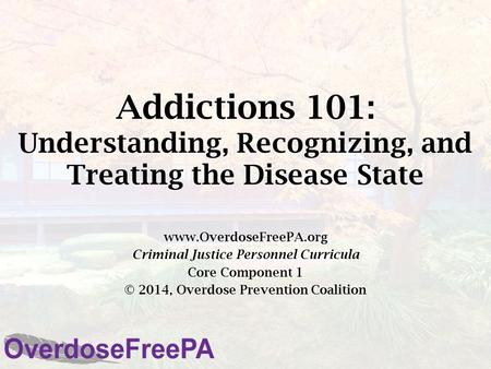 Addictions 101: Understanding, Recognizing, and Treating the Disease State www.OverdoseFreePA.org Criminal Justice Personnel Curricula Core Component 1.