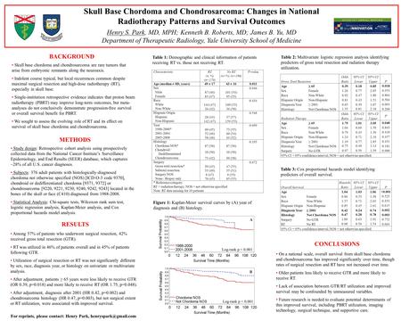 Skull Base Chordoma and Chondrosarcoma: Changes in National Radiotherapy Patterns and Survival Outcomes Henry S. Park, MD, MPH; Kenneth B. Roberts, MD;