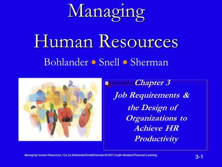 Managing Human Resources, 12e, by Bohlander/Snell/Sherman © 2001 South-Western/Thomson Learning 3-1 Managing Human Resources Managing Human Resources Bohlander.