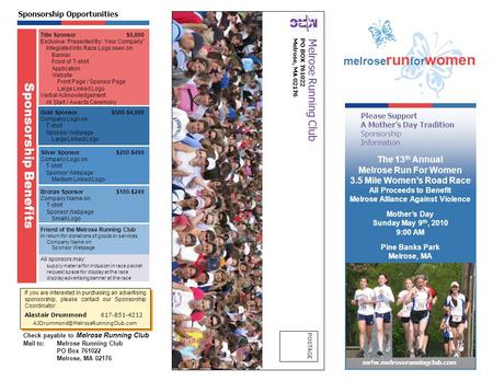 The 13 th Annual Melrose Run For Women 3.5 Mile Women’s Road Race All Proceeds to Benefit Melrose Alliance Against Violence Mother’s Day Sunday May 9 th,
