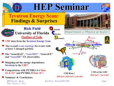 HEP Seminar - Baylor Waco, January 21, 2014 Rick Field – Florida/CDF/CMSPage 1 Outline of Talk CMS at the LHC CDF Run 2 300 GeV, 900 GeV, 1.96 TeV 900.