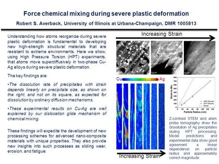 Force chemical mixing during severe plastic deformation Robert S. Averback, University of Illinois at Urbana-Champaign, DMR 1005813 Understanding how atoms.