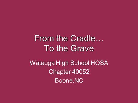 From the Cradle… To the Grave Watauga High School HOSA Chapter 40052 Boone,NC.