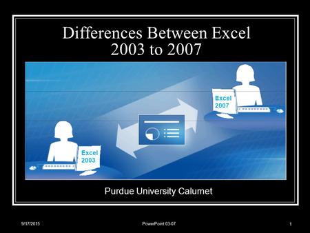 9/17/2015PowerPoint 03-07 1 Differences Between Excel 2003 to 2007 Purdue University Calumet Excel 2003 Excel 2007.