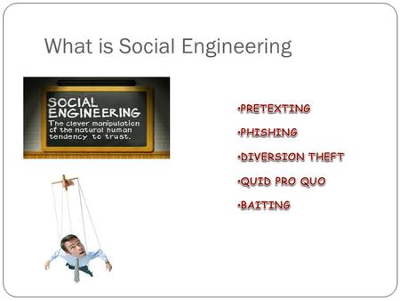 What is Social Engineering. Pretexting Pretexting is the act of creating and using an invented scenario called the Pretext to persuade a target to release.
