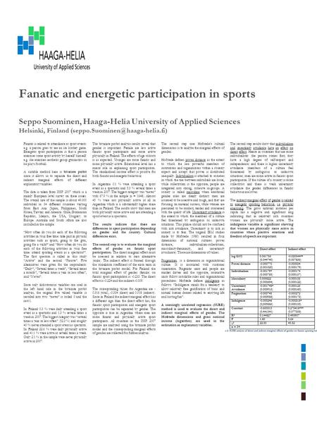 Fanatic and energetic participation in sports Seppo Suominen, Haaga-Helia University of Applied Sciences Helsinki, Finland