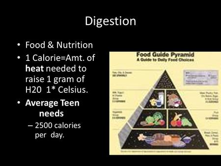 Digestion Food & Nutrition 1 Calorie=Amt. of heat needed to raise 1 gram of H20 1* Celsius. Average Teen needs – 2500 calories per day.