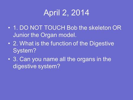 April 2, 2014 1. DO NOT TOUCH Bob the skeleton OR Junior the Organ model. 2. What is the function of the Digestive System? 3. Can you name all the organs.