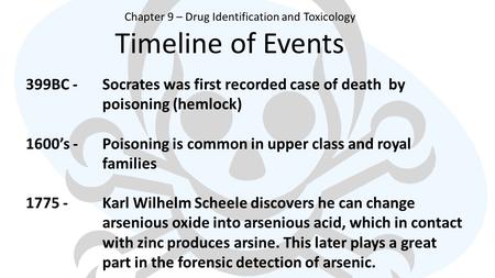 Timeline of Events Chapter 9 – Drug Identification and Toxicology 399BC - Socrates was first recorded case of death by poisoning (hemlock) 1600’s -Poisoning.