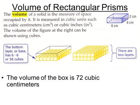 The volume of the box is 72 cubic centimeters Volume of Rectangular Prisms.