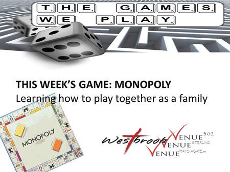 THIS WEEK’S GAME: MONOPOLY Learning how to play together as a family STERLING HAYS, AGAPE SBC.