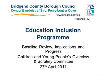 1 Education Inclusion Programme Baseline Review, Implications and Progress Children and Young People’s Overview & Scrutiny Committee 27 th April 2011 Appendix.