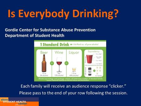 Is Everybody Drinking? Gordie Center for Substance Abuse Prevention Department of Student Health Each family will receive an audience response “clicker.”