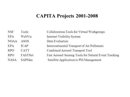 CAPITA Projects 2001-2008 NSF ToolsCollaboration Tools for Virtual Workgroups EPA WebVis Internet Visibility System NOAAASOS Data Evaluation EPAICAP Intercontinental.