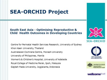 South East Asia - Optimising Reproductive & Child Health Outcomes in Developing Countries SEA-ORCHID Project Centre for Perinatal Health Services Research,