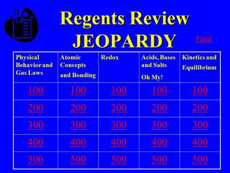 Regents Review JEOPARDY Physical Behavior and Gas Laws Atomic Concepts and Bonding RedoxAcids, Bases and Salts Oh My! Kinetics and Equilibrium 100 200.