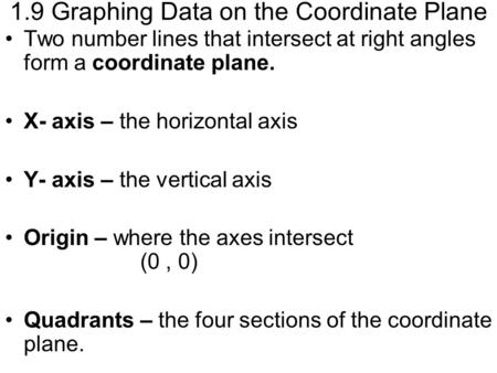 1.9 Graphing Data on the Coordinate Plane Two number lines that intersect at right angles form a coordinate plane. X- axis – the horizontal axis Y- axis.