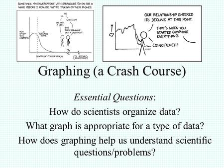 Graphing (a Crash Course) Essential Questions: How do scientists organize data? What graph is appropriate for a type of data? How does graphing help us.